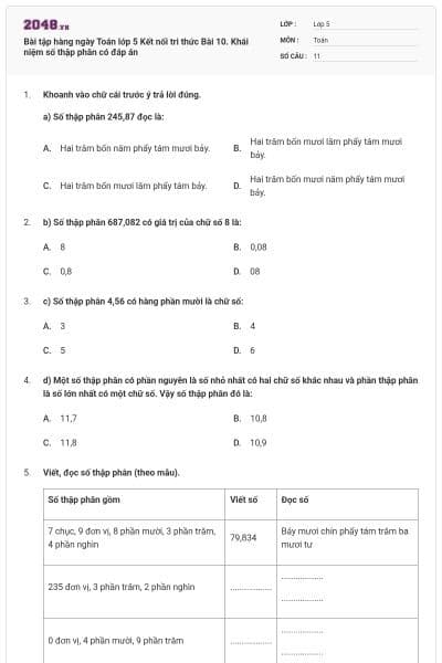 Bài tập hàng ngày Toán lớp 5 Kết nối tri thức Bài 10. Khái niệm số thập phân có đáp án