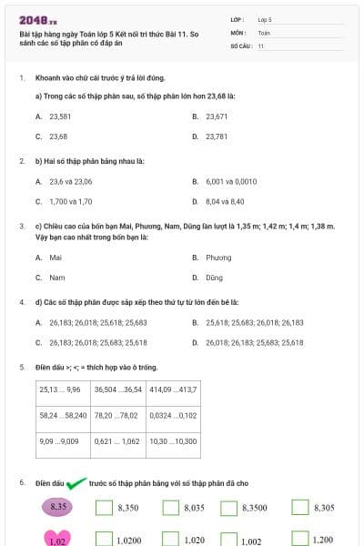 Bài tập hàng ngày Toán lớp 5 Kết nối tri thức Bài 11. So sánh các số tập phân có đáp án
