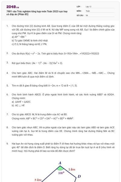7881 câu Trắc nghiệm tổng hợp môn Toán 2023 cực hay có đáp án (Phần 85)