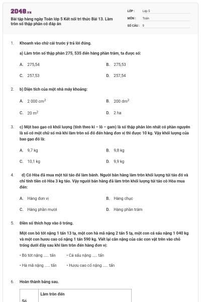 Bài tập hàng ngày Toán lớp 5 Kết nối tri thức Bài 13. Làm tròn số thập phân có đáp án