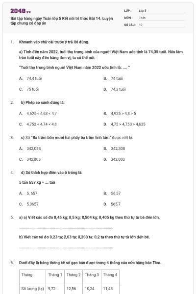 Bài tập hàng ngày Toán lớp 5 Kết nối tri thức Bài 14. Luyện tập chung có đáp án