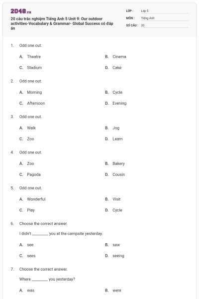 20 câu trắc nghiệm Tiếng Anh 5 Unit 9: Our outdoor activities-Vocabulary & Grammar- Global Success có đáp án