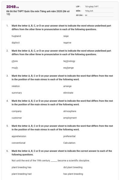 Đề thi thử THPT Quốc Gia môn Tiếng anh năm 2020 (Đề số 13)