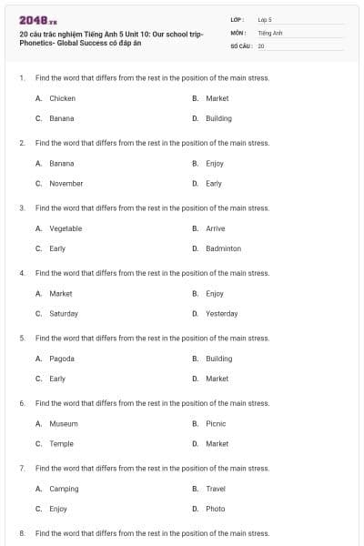 20 câu trắc nghiệm Tiếng Anh 5 Unit 10: Our school trip-Phonetics- Global Success có đáp án