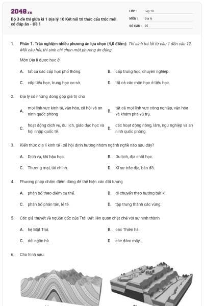 Bộ 3 đề thi giữa kì 1 Địa lý 10 Kết nối tri thức cấu trúc mới có đáp án - Đề 1