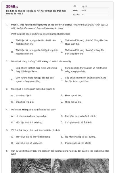 Bộ 3 đề thi giữa kì 1 Địa lý 10 Kết nối tri thức cấu trúc mới có đáp án - Đề 2
