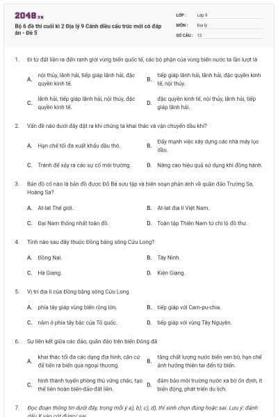 Bộ 6 đề thi cuối kì 2 Địa lý 9 Cánh diều cấu trúc mới có đáp án - Đề 5