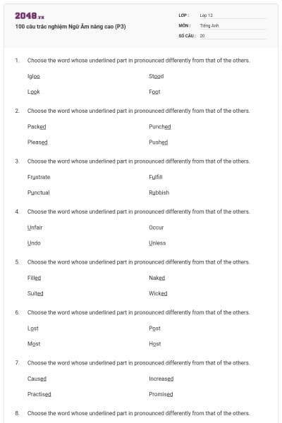100 câu trắc nghiệm Ngữ Âm nâng cao (P3)