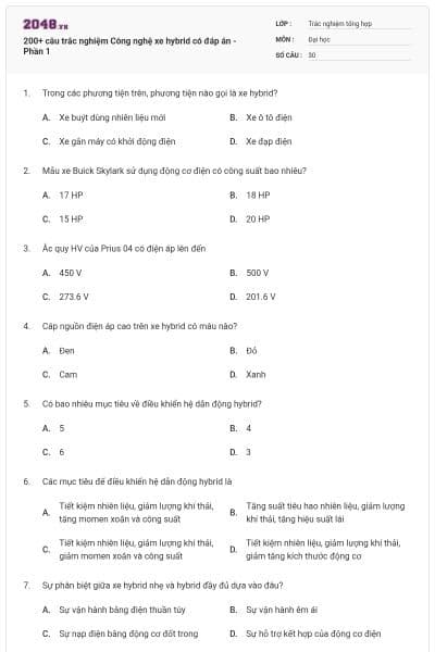 200+ câu trắc nghiệm Công nghệ xe hybrid có đáp án - Phần 1
