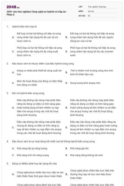 200+ câu trắc nghiệm Công nghệ xe hybrid có đáp án - Phần 6