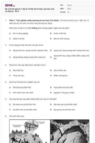 Bộ 3 đề thi giữa kì 1 Địa lý 10 Kết nối tri thức cấu trúc mới có đáp án - Đề 3