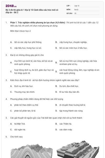 Bộ 3 đề thi giữa kì 1 Địa lý 10 Cánh diều cấu trúc mới có đáp án - Đề 2