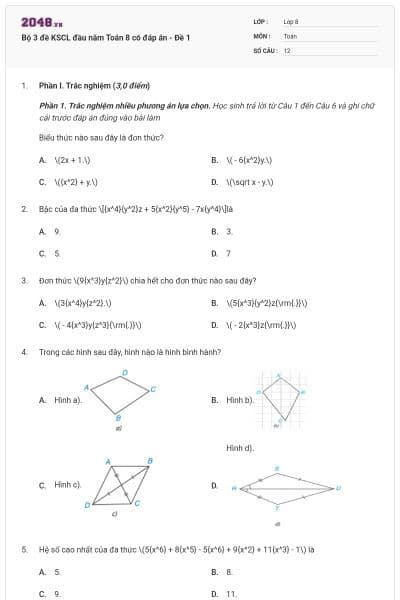 Bộ 3 đề KSCL đầu năm Toán 8 có đáp án - Đề 1