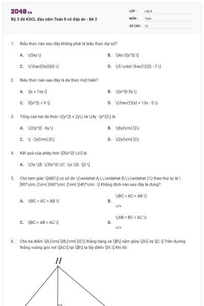 Bộ 3 đề KSCL đầu năm Toán 8 có đáp án - Đề 2