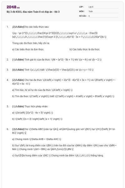 Bộ 3 đề KSCL đầu năm Toán 8 có đáp án - Đề 3