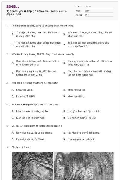 Bộ 3 đề thi giữa kì 1 Địa lý 10 Cánh diều cấu trúc mới có đáp án - Đề 3