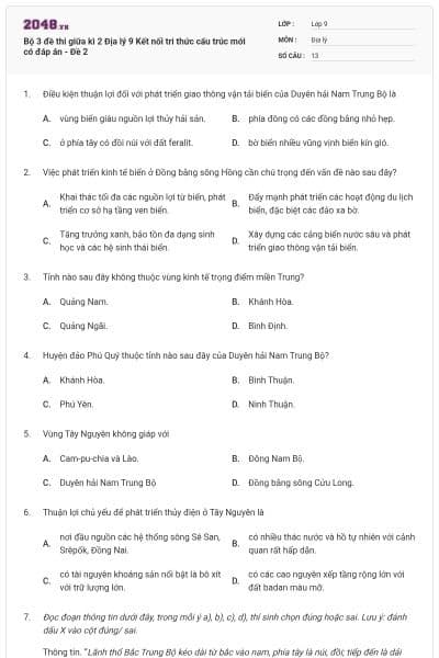 Bộ 3 đề thi giữa kì 2 Địa lý 9 Kết nối tri thức cấu trúc mới có đáp án - Đề 2