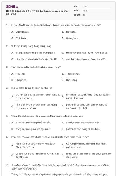 Bộ 3 đề thi giữa kì 2 Địa lý 9 Cánh diều cấu trúc mới có đáp án - Đề 2