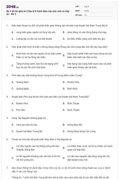 Bộ 3 đề thi giữa kì 2 Địa lý 9 Cánh diều cấu trúc mới có đáp án - Đề 3