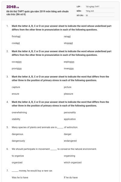 Đề thi thử THPT quốc gia năm 2019 môn tiếng anh chuẩn cấu trúc (Đề số 6)