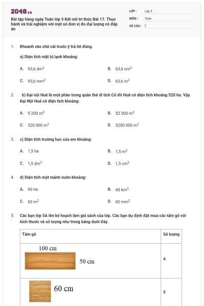 Bài tập hàng ngày Toán lớp 5 Kết nối tri thức Bài 17. Thực hành và trải nghiệm với một số đơn vị đo đại lượng có đáp án