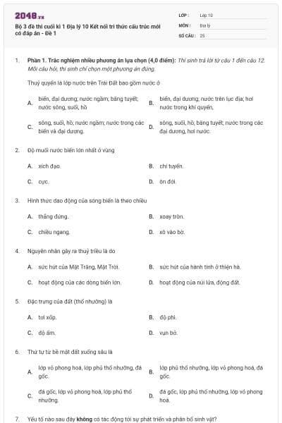 Bộ 3 đề thi cuối kì 1 Địa lý 10 Kết nối tri thức cấu trúc mới có đáp án - Đề 1