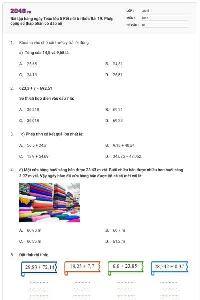 Bài tập hàng ngày Toán lớp 5 Kết nối tri thức Bài 19. Phép cộng số thập phân có đáp án