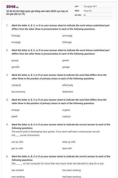 30 đề thi thử thpt quốc gia tiếng anh năm 2020 cực hay có lời giải (Đề số 19)