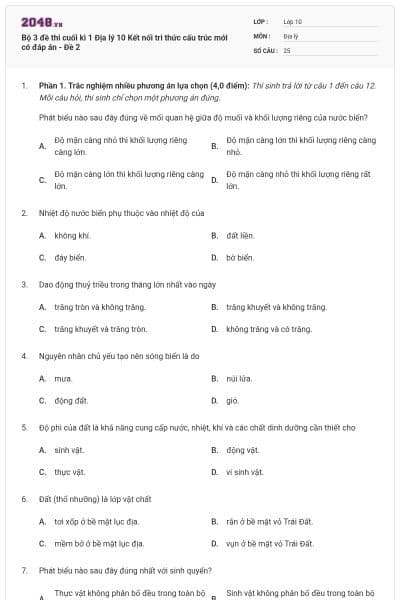 Bộ 3 đề thi cuối kì 1 Địa lý 10 Kết nối tri thức cấu trúc mới có đáp án - Đề 2