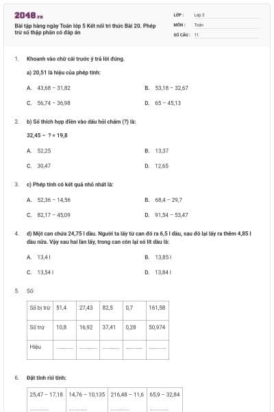 Bài tập hàng ngày Toán lớp 5 Kết nối tri thức Bài 20. Phép trừ số thập phân có đáp án