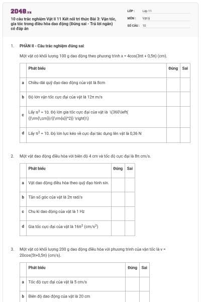 10 câu trắc nghiệm Vật lí 11 Kết nối tri thức Bài 3: Vận tốc, gia tốc trong điều hòa dao động (Đúng sai - Trả lời ngắn) có đáp án