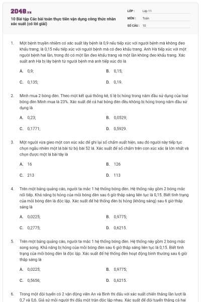 10 Bài tập Các bài toán thực tiễn vận dụng công thức nhân xác suất (có lời giải)