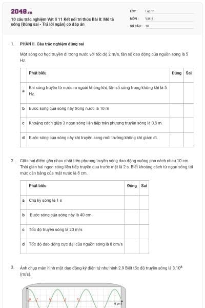 10 câu trắc nghiệm Vật lí 11 Kết nối tri thức Bài 8: Mô tả sóng (Đúng sai - Trả lời ngắn) có đáp án