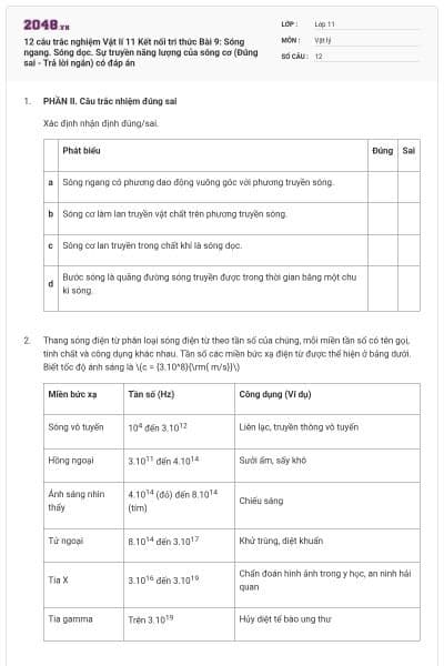 12 câu trắc nghiệm Vật lí 11 Kết nối tri thức Bài 9: Sóng ngang. Sóng dọc. Sự truyền năng lượng của sóng cơ (Đúng sai - Trả lời ngắn) có đáp án