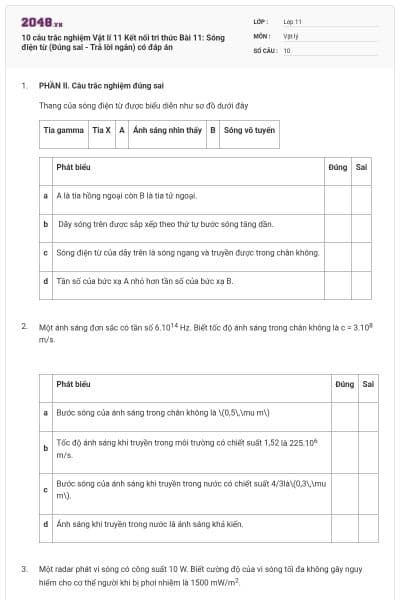 10 câu trắc nghiệm Vật lí 11 Kết nối tri thức Bài 11: Sóng điện từ (Đúng sai - Trả lời ngắn) có đáp án
