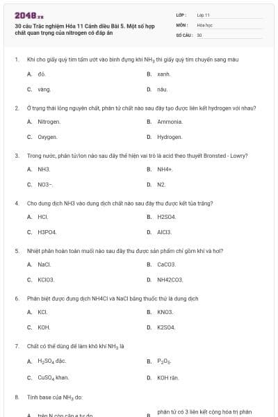 30 câu Trắc nghiệm Hóa 11 Cánh diều Bài 5. Một số hợp chất quan trọng của nitrogen có đáp án