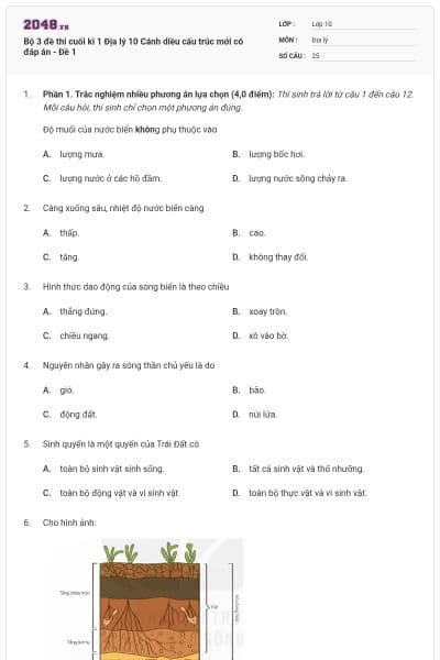Bộ 3 đề thi cuối kì 1 Địa lý 10 Cánh diều cấu trúc mới có đáp án - Đề 1