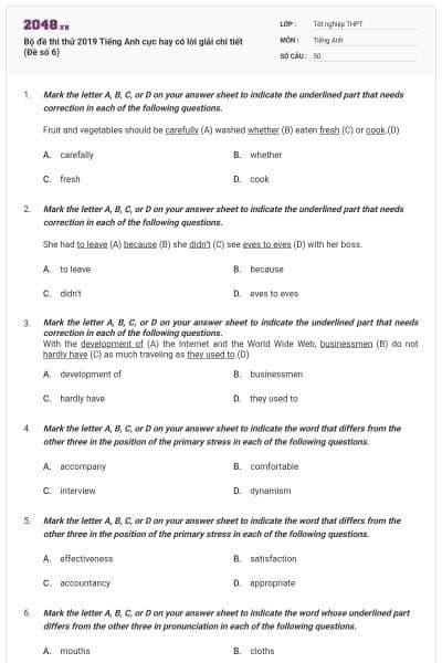 Bộ đề thi thử 2019 Tiếng Anh cực hay có lời giải chi tiết (Đề số 6)