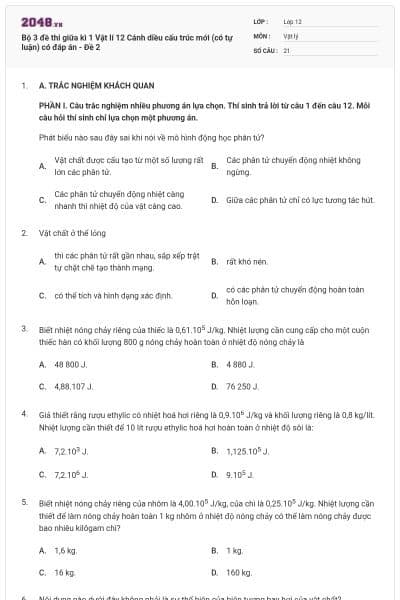 Bộ 3 đề thi giữa kì 1 Vật lí 12 Cánh diều cấu trúc mới (có tự luận) có đáp án - Đề 2