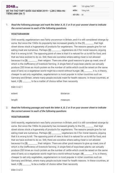 ĐỀ THI THỬ THPT QUỐC GIA NĂM 2019 – LẦN 2 Môn thi: TIẾNG ANH (Đề 7)