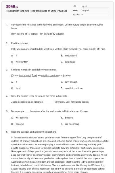 Trắc nghiệm tổng hợp Tiếng anh có đáp án 2023 (Phần 63)