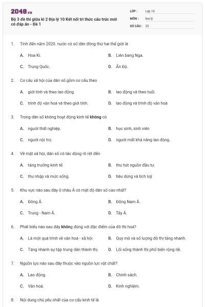 Bộ 3 đề thi giữa kì 2 Địa lý 10 Kết nối tri thức cấu trúc mới có đáp án - Đề 1