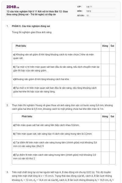 12 câu trắc nghiệm Vật lí 11 Kết nối tri thức Bài 12: Giao thoa sóng (Đúng sai - Trả lời ngắn) có đáp án