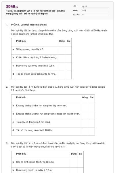 16 câu trắc nghiệm Vật lí 11 Kết nối tri thức Bài 13: Sóng dừng (Đúng sai - Trả lời ngắn) có đáp án