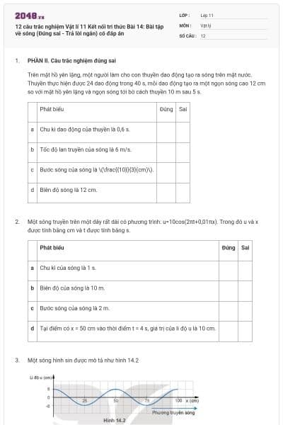 12 câu trắc nghiệm Vật lí 11 Kết nối tri thức Bài 14: Bài tập về sóng (Đúng sai - Trả lời ngắn) có đáp án