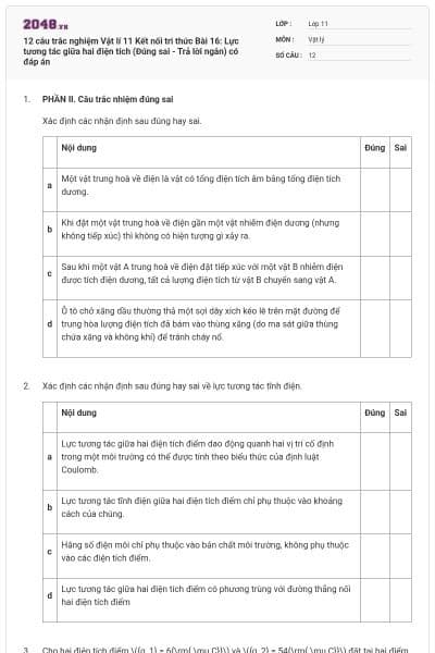12 câu trắc nghiệm Vật lí 11 Kết nối tri thức Bài 16: Lực tương tác giữa hai điện tích (Đúng sai - Trả lời ngắn) có đáp án