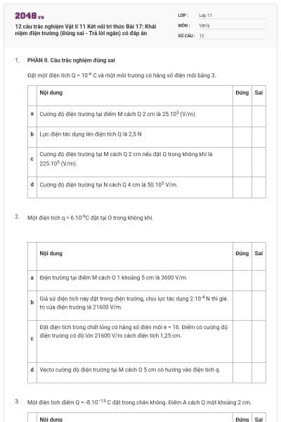 12 câu trắc nghiệm Vật lí 11 Kết nối tri thức Bài 17: Khái niệm điện trường (Đúng sai - Trả lời ngắn) có đáp án