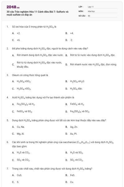 30 câu Trắc nghiệm Hóa 11 Cánh diều Bài 7: Sulfuric và muối sulfate có đáp án
