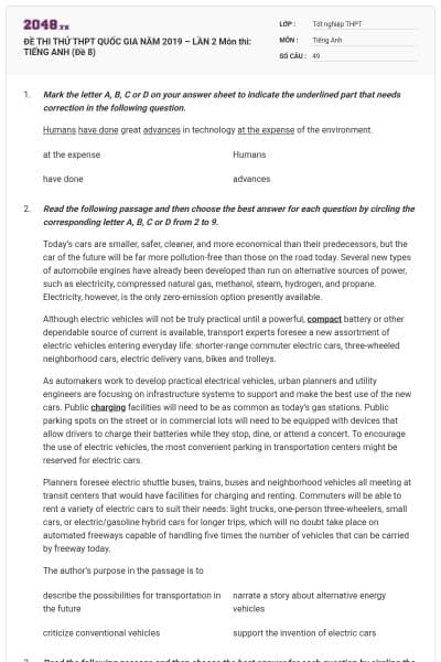 ĐỀ THI THỬ THPT QUỐC GIA NĂM 2019 – LẦN 2 Môn thi: TIẾNG ANH (Đề 8)