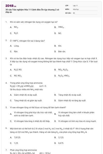 30 câu Trắc nghiệm Hóa 11 Cánh diều Ôn tập chương 2 có đáp án